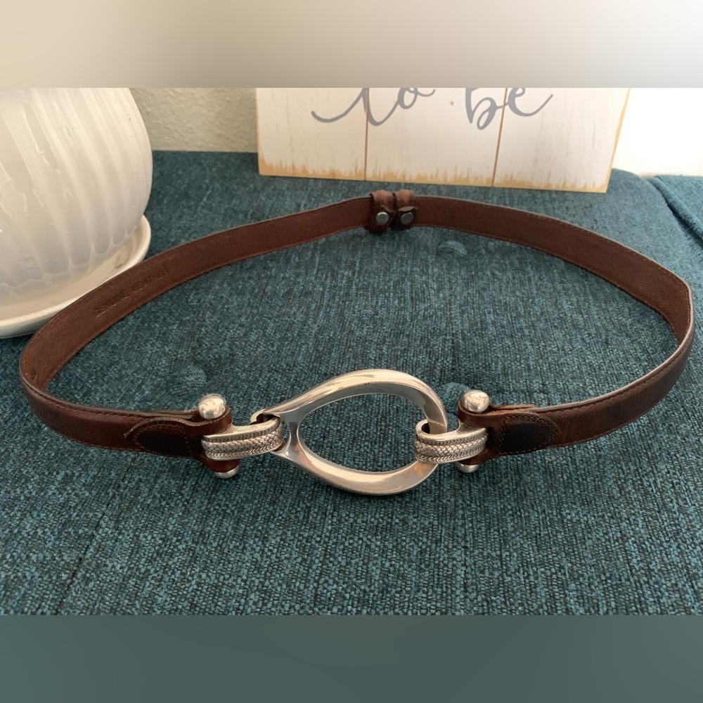 VTG Adjustable Leather Belt, Silver Tone Heavy Hardware Buckle, Small, Cognac